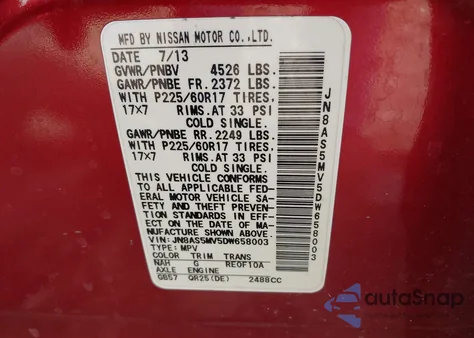 2013 Nissan Rogue Sv из США, поврежденный, VIN JN8AS5MV5DW658003